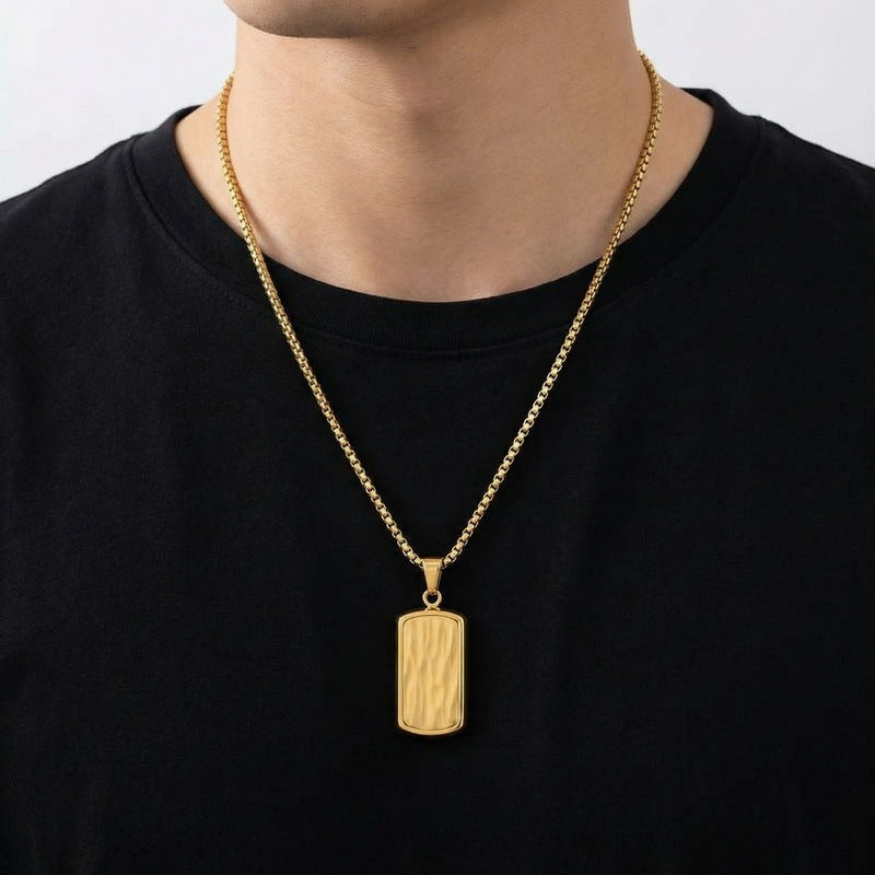 Military Brand Square Pearl Chain Necklace, And Wave Pattern Square Brand Stainless Steel