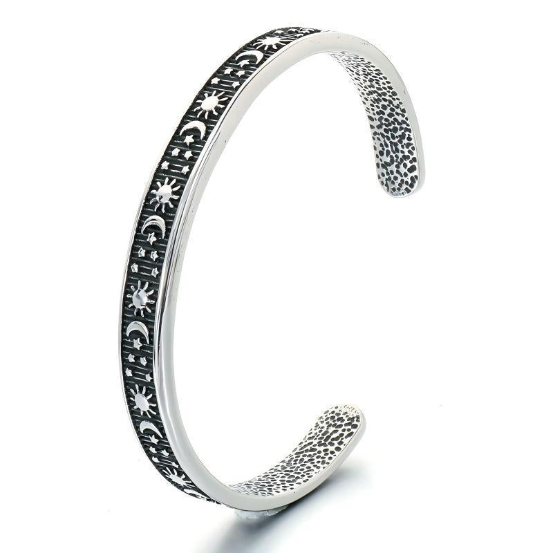 Gothic Little Skull Layered Casting Open Bracelet Sun – Moon & Stars Engraved