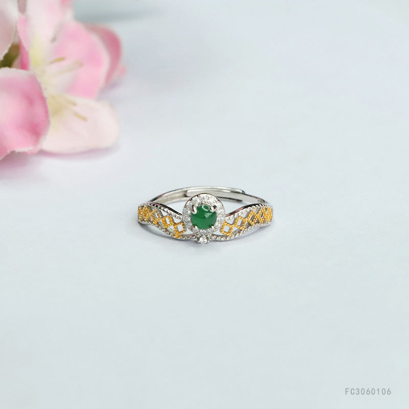 Icy Green Jadeite Openwork 925 Silver Adjustable Ring