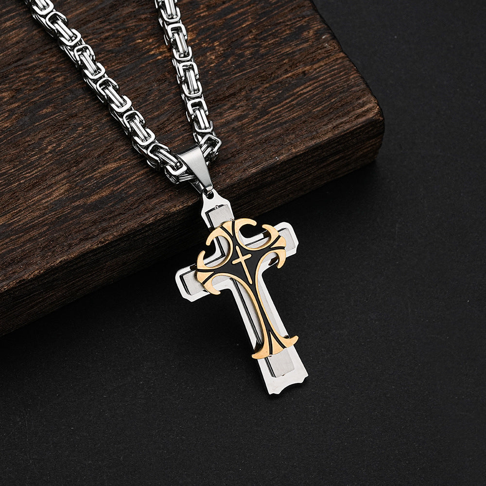 Planderful Three Layer Cross Pendant Necklace Stainless Steel For Men Punk Fashion Accessory