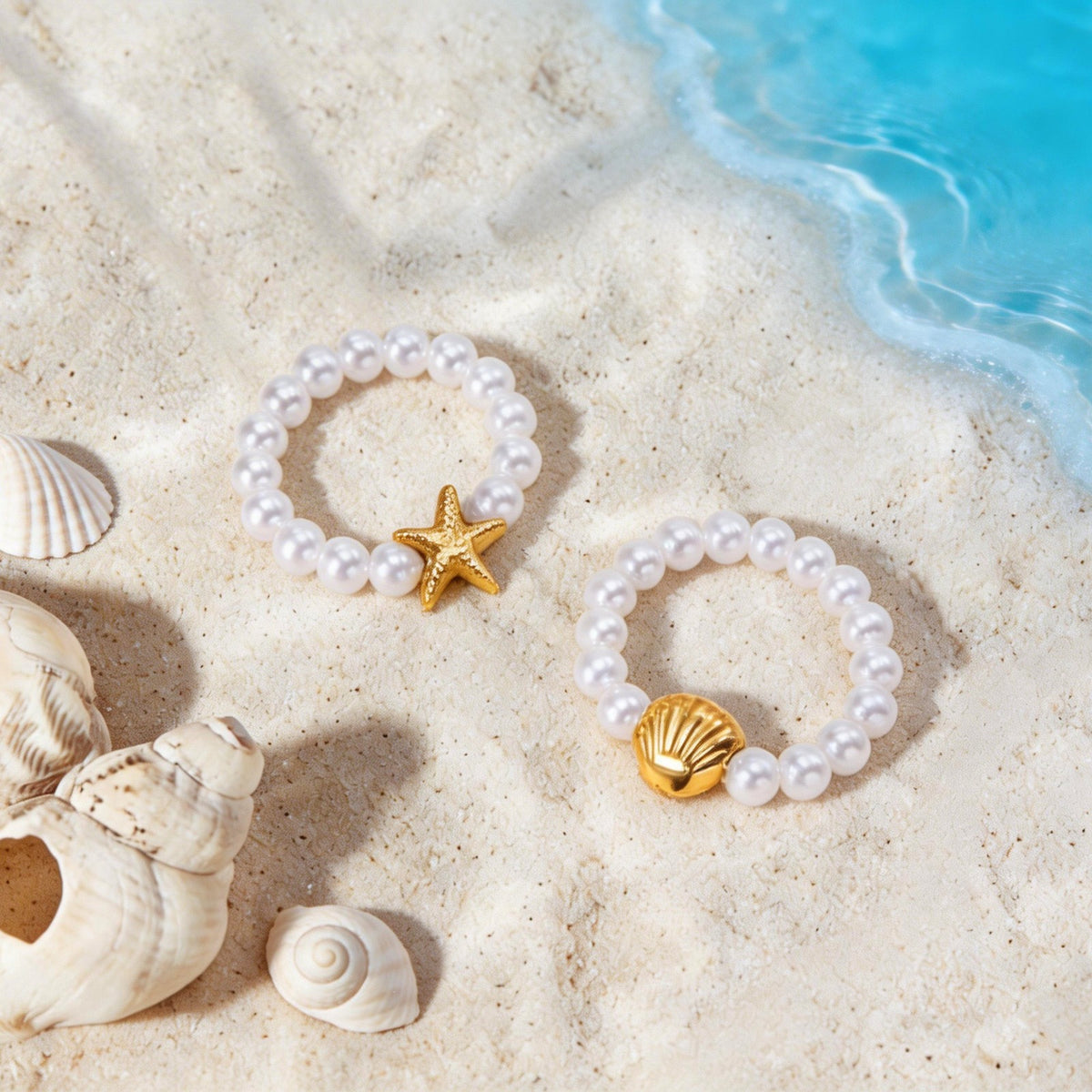 Stainless Steel Starfish Shell Imitation Pearl Summer Seaside Vacation Wind Ring
