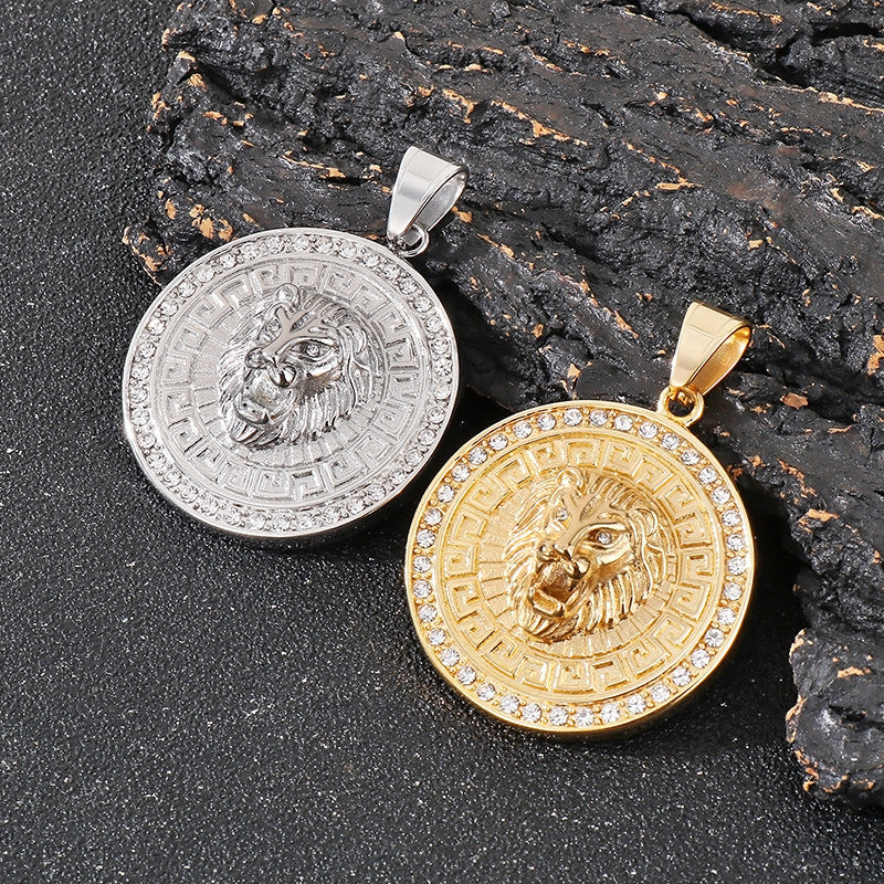 Planderful Zircon Lion Head Pendant Men Hip Hop Compass
