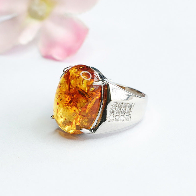Ethnic Style Sterling Silver Beeswax Amber Ring with Adjustable Opening