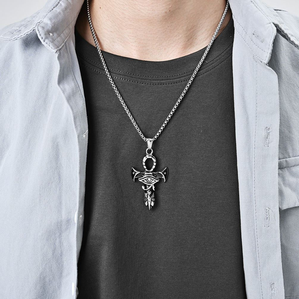 Planderful Titanium Steel Necklace Eye Of Horus Ankh Cross For Hip Hop Streetwear Fans Durable Bold Statement