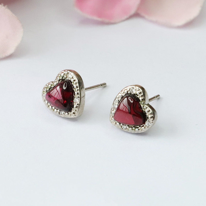 Garnet Heart 925 Silver Stud Earrings