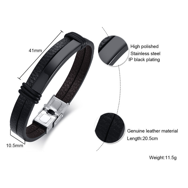 AliExpress Amazon Hot-Selling Black Stainless Steel Men's Bracelet Double Leather Bracelet Spot for Men