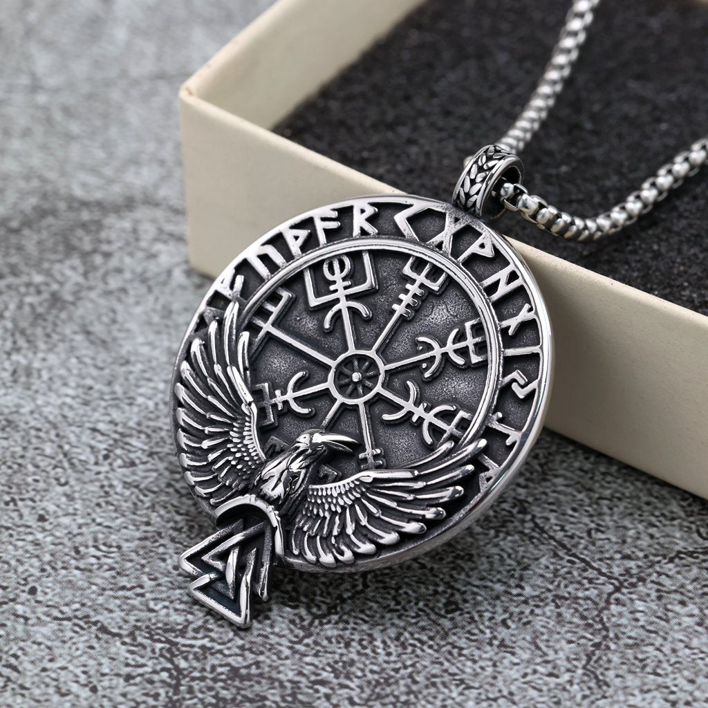 Planderful Viking Rune Compass Pendant Unisex Necklace Double Sided Retro Stainless Steel