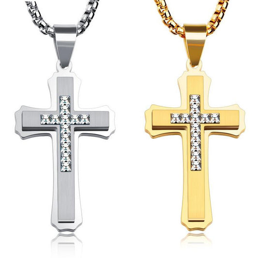 Planderful Titanium Steel Cross Pendant Necklace For Men, Double Layer 3D Punk Style