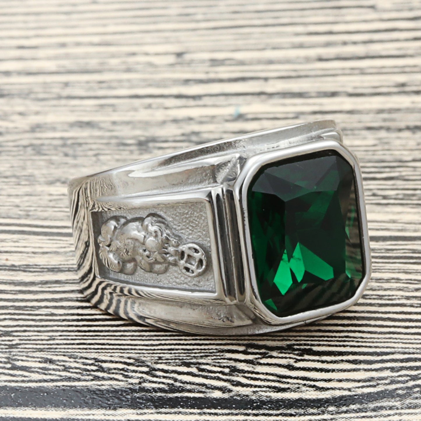 Titanium Steel Pixiu Ring with Green Stone - Retro Punk Style for Men