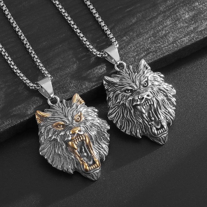 Planderful Viking Fenrir Wolf Head Pendant Necklace Stainless Steel Gold Plated Retro Polished For Norse Mythology Fans