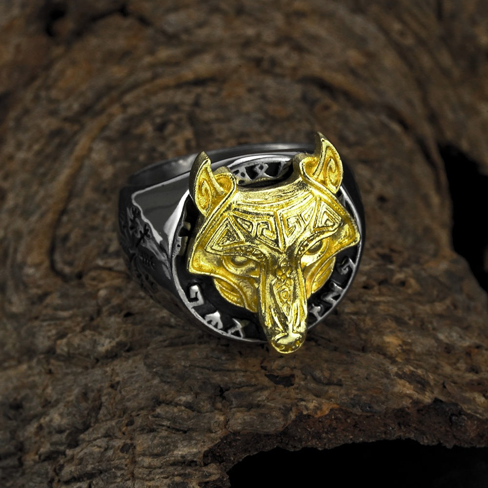 European And American Jewelry Wholesale Men's Titanium Steel Ring Retro Wolf Head Viking Rune Compass Ring Rust Free