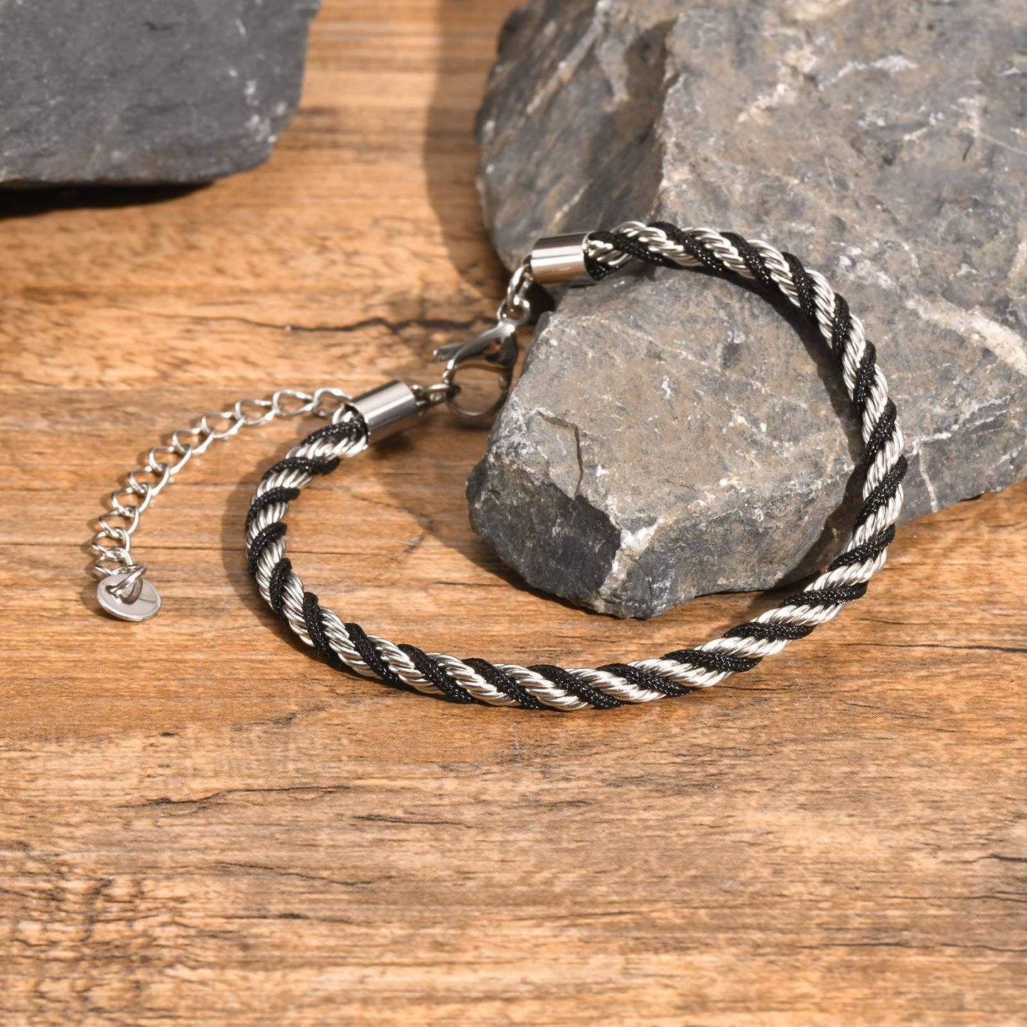 Stainless Steel Black Braided Rope Twist Bracelet Planderful