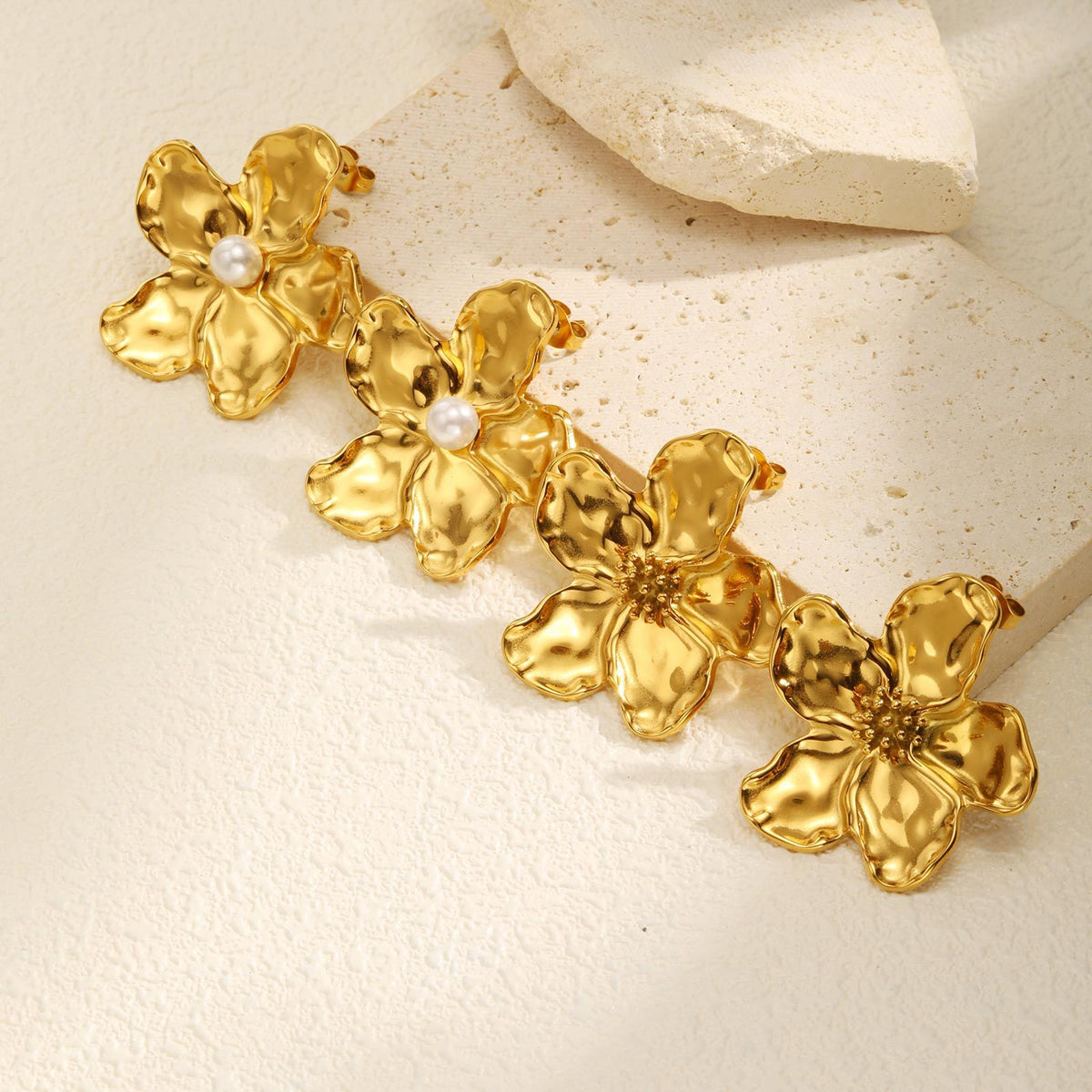 Gold Pearl Flower Statement Stud Earrings