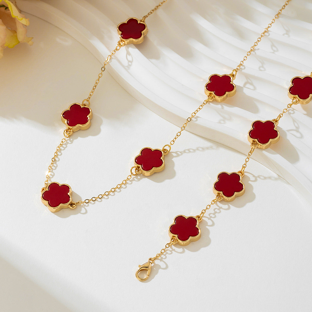 Elegant Red Five-Leaf Clover Jewelry Set for Women by Planderful