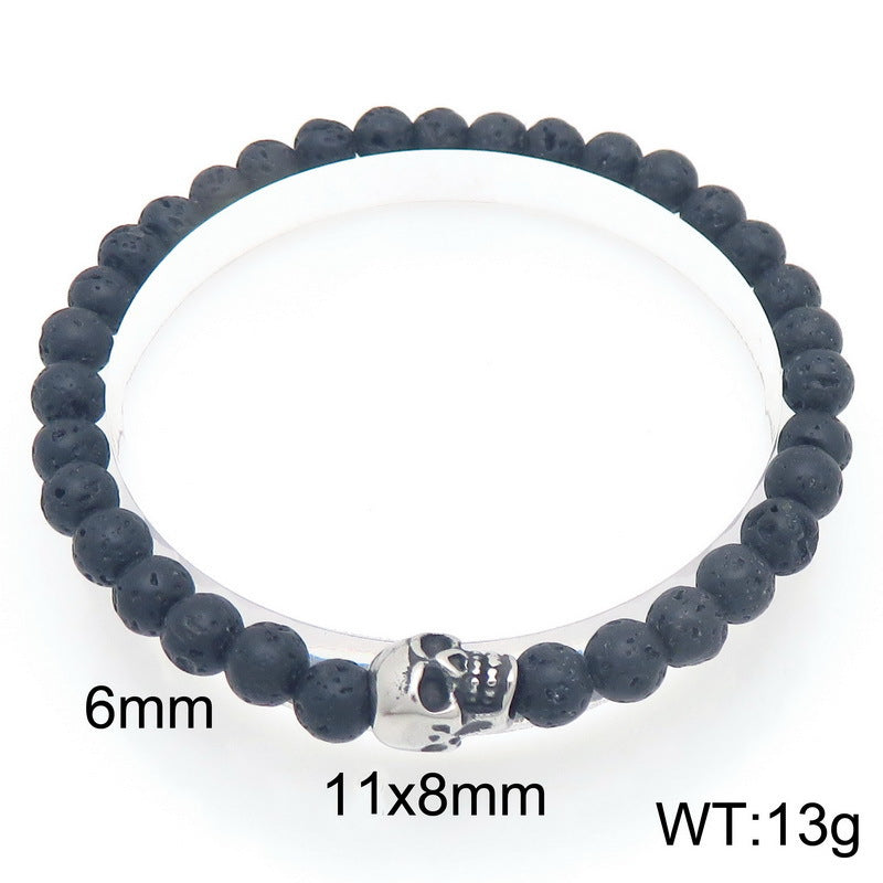 Planderful Men Skull Beaded Elastic Bracelet Volcanic Stone