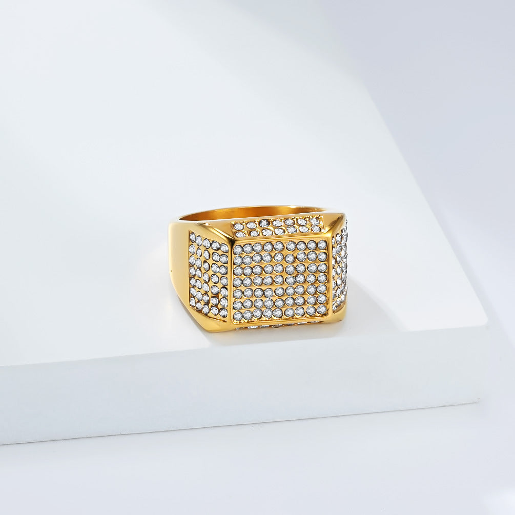 Planderful Hip Hop Ring Zircon Luxury Titanium Steel Gold Plated For Men Bold Statement Accessory