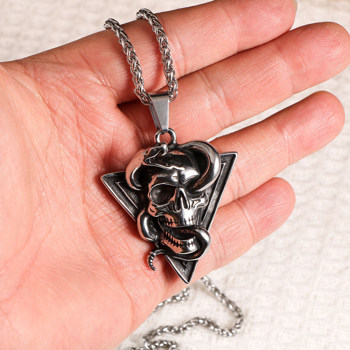 Devil Triangular Viper + Kiss Skull Men's Stainless Steel Necklace Pendant