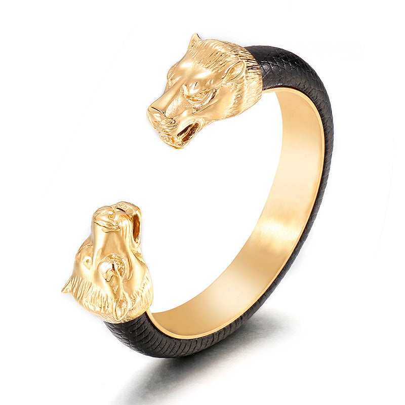 Men's Stainless Steel – Punk Style & Bold Wolf Head Titanium Steel Open-Leather Bracelet