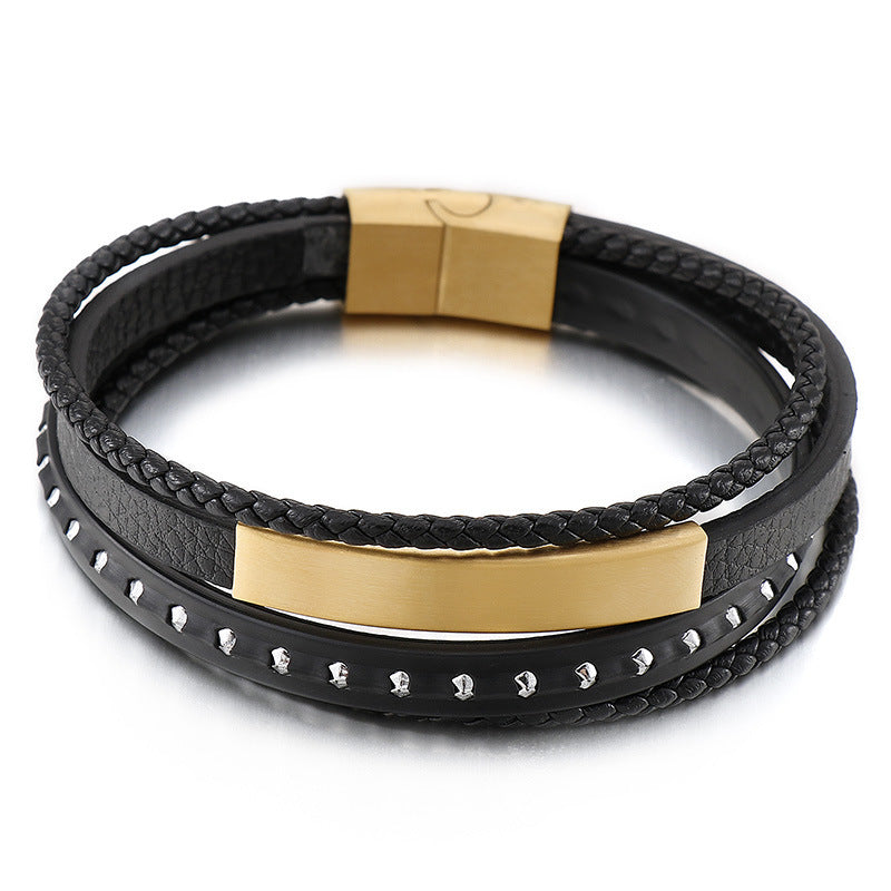 Planderful Leather Woven Steel Magnet Buckle Bracelet Men