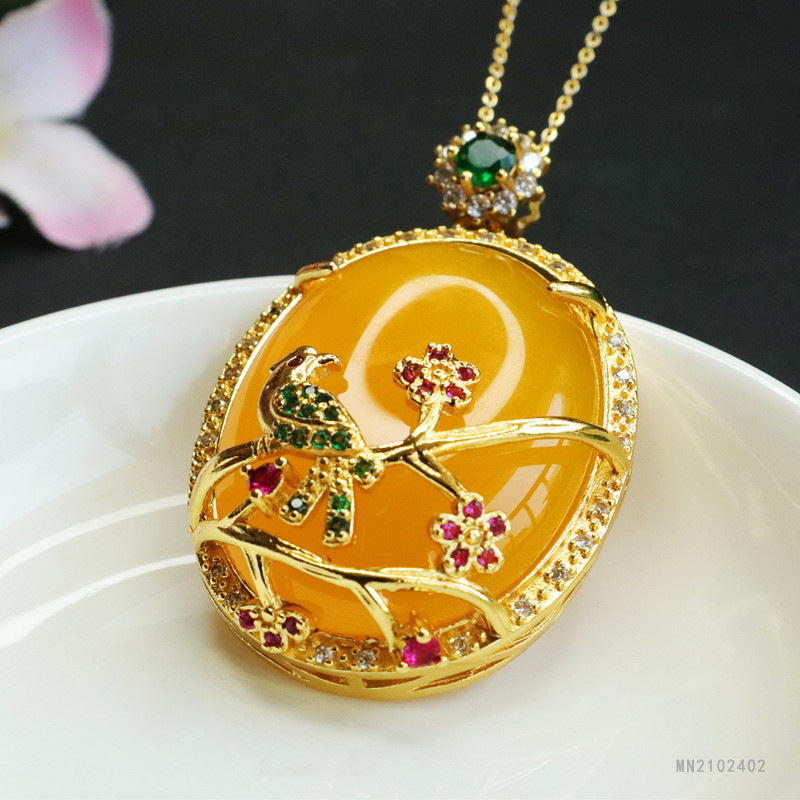 Chalcedony Bird-on-Branch Pendant — No Chain
