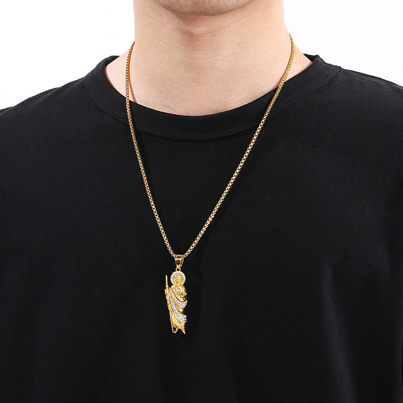 Stylish Zircon Necklace, Vintage Vacuum Plated St. Jude God Titanium Steel Pendant For
