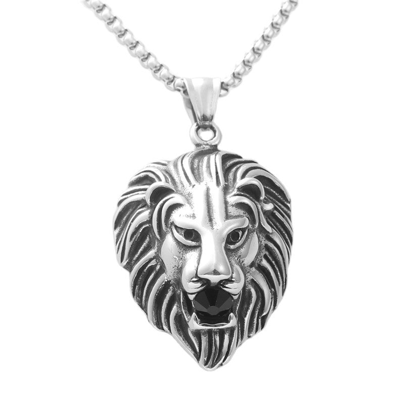 Punk-Inspired Multi-Colored Stone Lion Pendant Necklace for Men in Titanium Steel