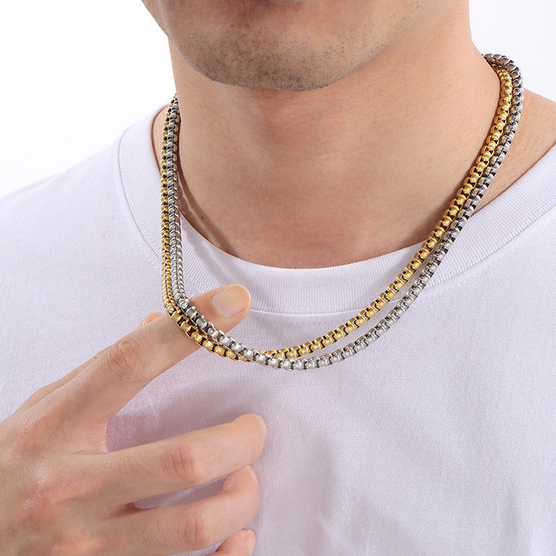 And Plain Chain Necklace, Style Rock Retro Square Pearl Chain Magnetic Buckle Titanium
