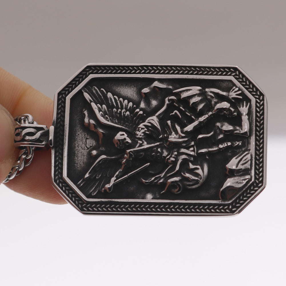 Mythical Angel Shield Pendant Necklace with Norse Runes Stainless Steel Chain