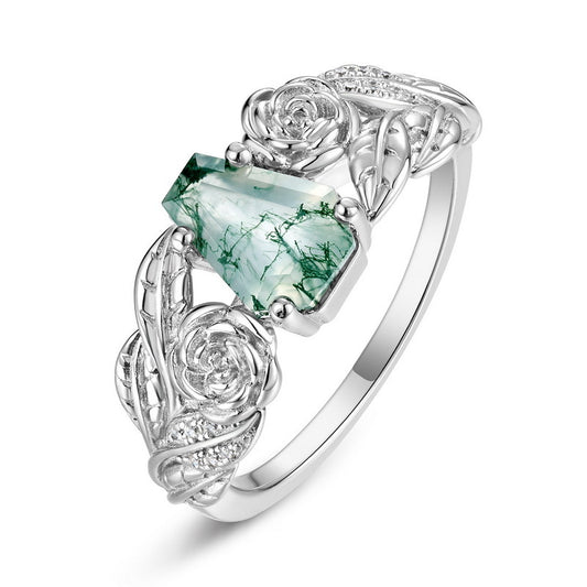 Planderful Jewelry Geometric Agate Sterling Silver Ring with Natural Green Mossy Stone and Aquatic Plants Design