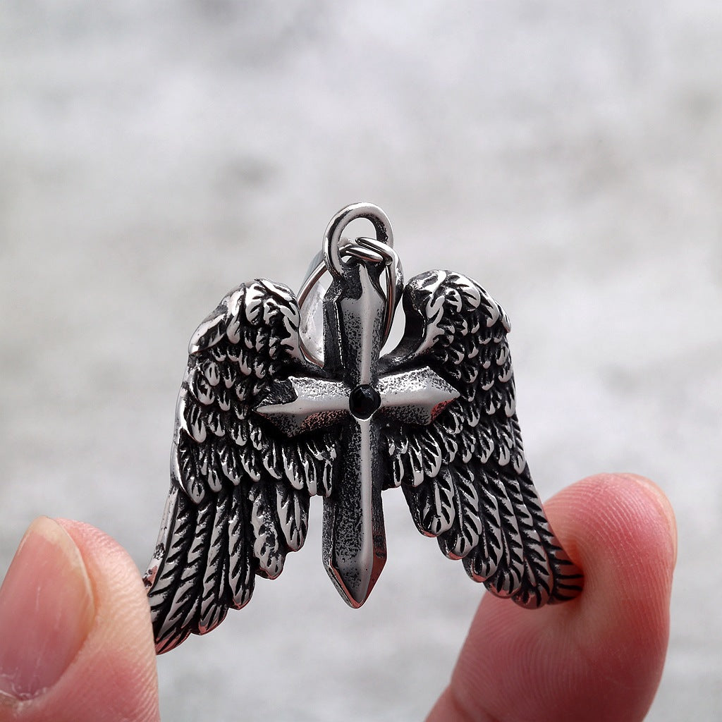 Vintage Cross Wing Stainless Steel Pendant Necklace