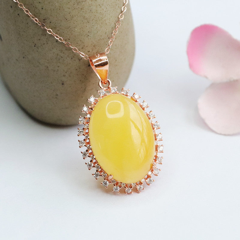Rose Gold Necklace with Beeswax Amber and Zircon Halo Pendant