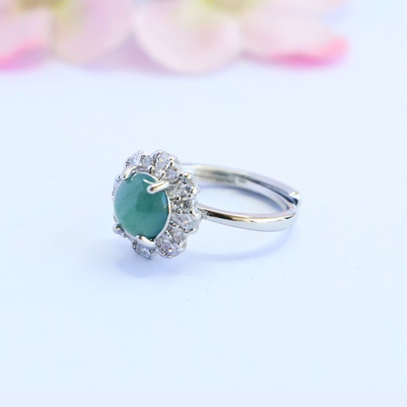 Blue-Water Jadeite Petal Zircon Ring