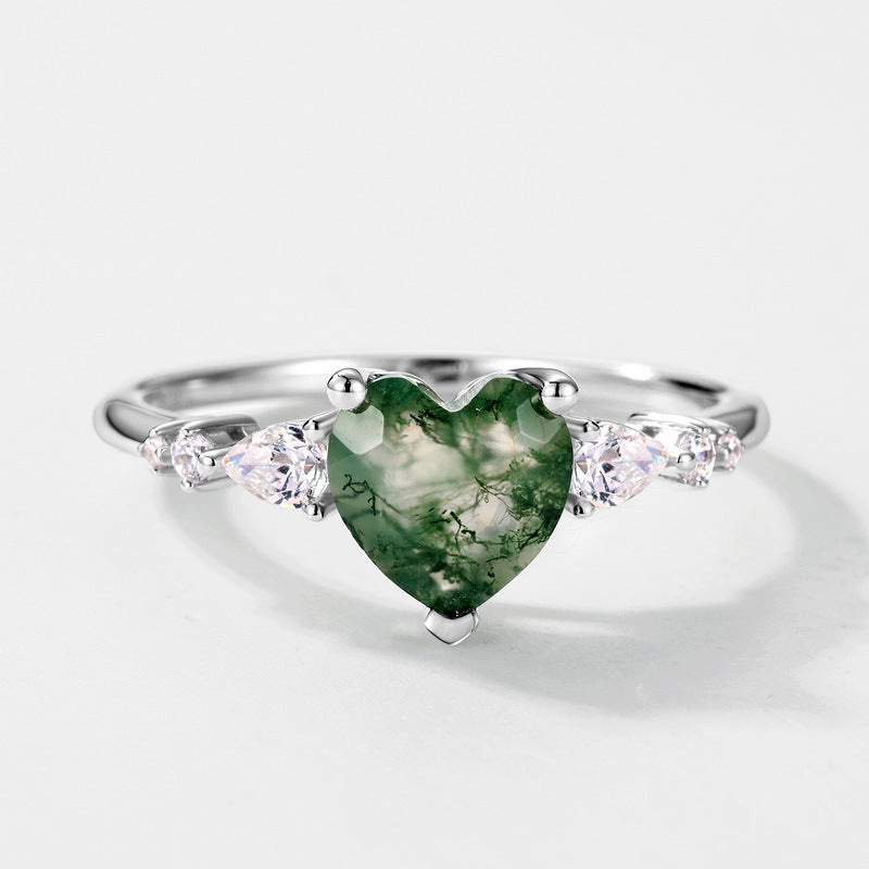 Planderful Jewelry Green Moss Agate Heart Ring in Sterling Silver S925 for Everyday Elegance
