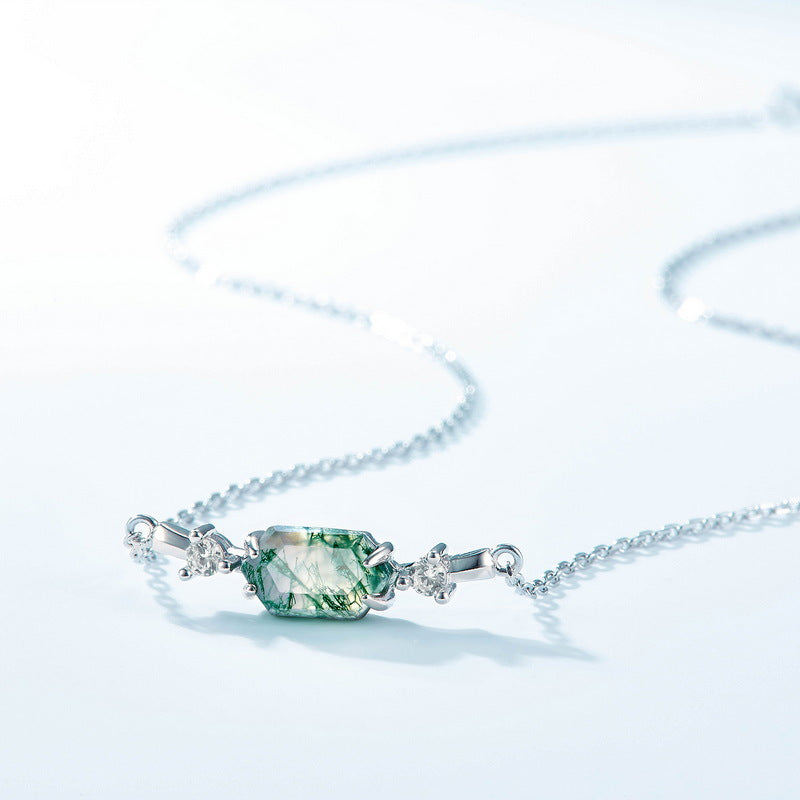 S925 Sterling Silver Moss Agate Geometric Pendant Necklace