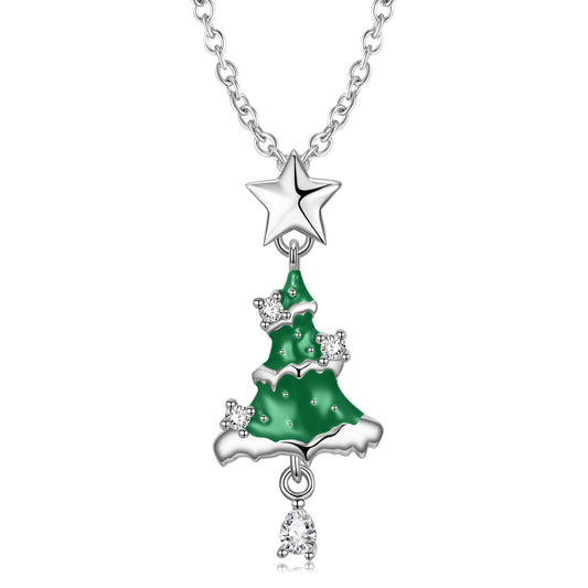 Star Christmas Tree Pear Shape Zircon Silver Necklace