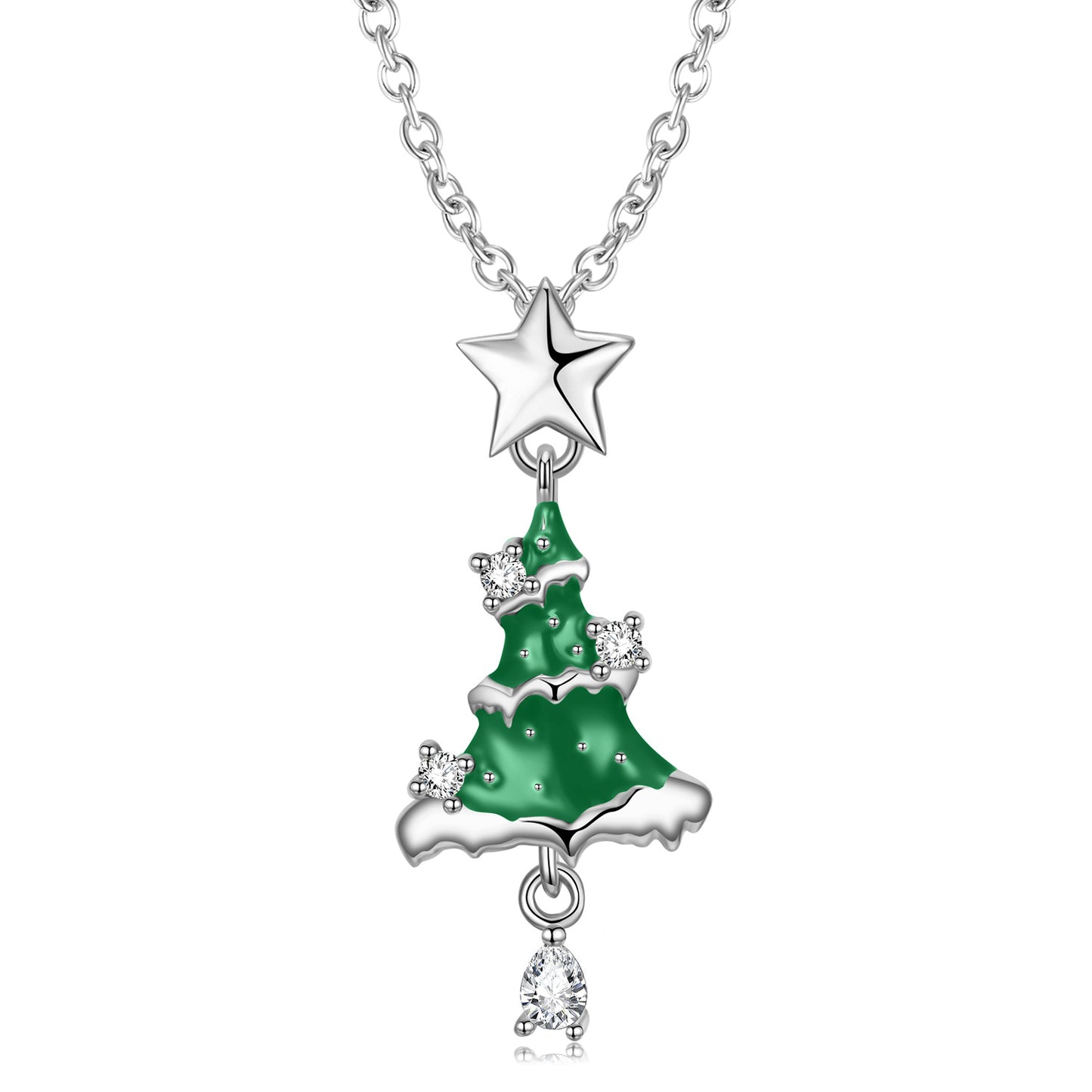 Star Christmas Tree Pear Shape Zircon Silver Necklace