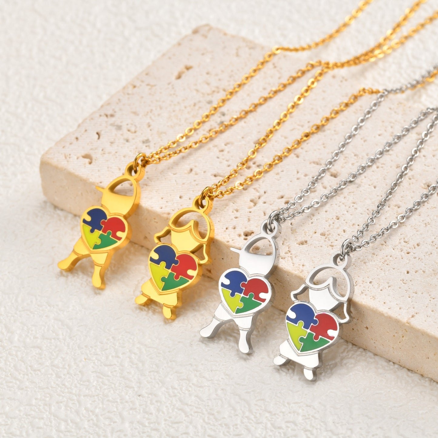 Stainless Steel Epoxy Heart-Shaped Puzzle Children's Necklace