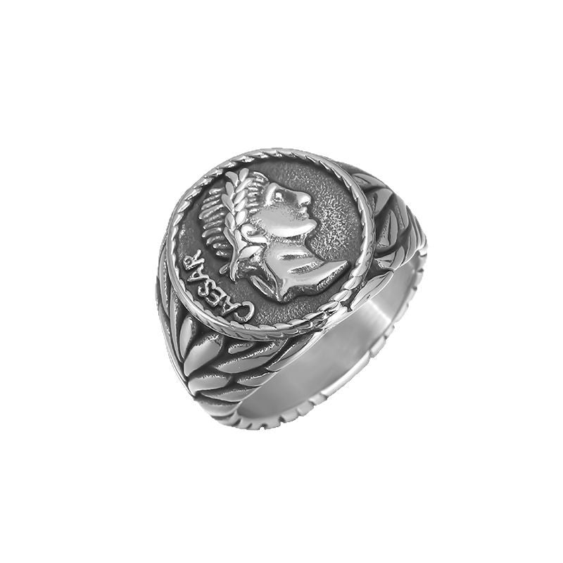 Julius Caesar Ring Stainless Steel Gold Plated Coin Portrait Premium Planderful Everyday Genie For History Buffs