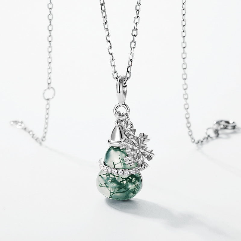 Planderful Everyday Genie – Fashion Personalized Versatile Aquatic Agate Gourd Pendant S925 Silver Inlaid Green Moss Necklace Snowflake Item