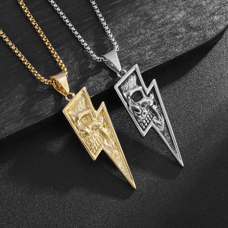 Planderful Titanium Steel Skull Pendant Necklace For Men Durable Retro Punk Lightning Style