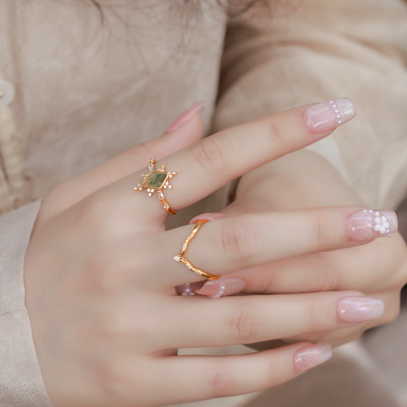Planderful Jewelry Green Moss Agate Ring In Sterling Silver With Gold Plating For Everyday Elegance