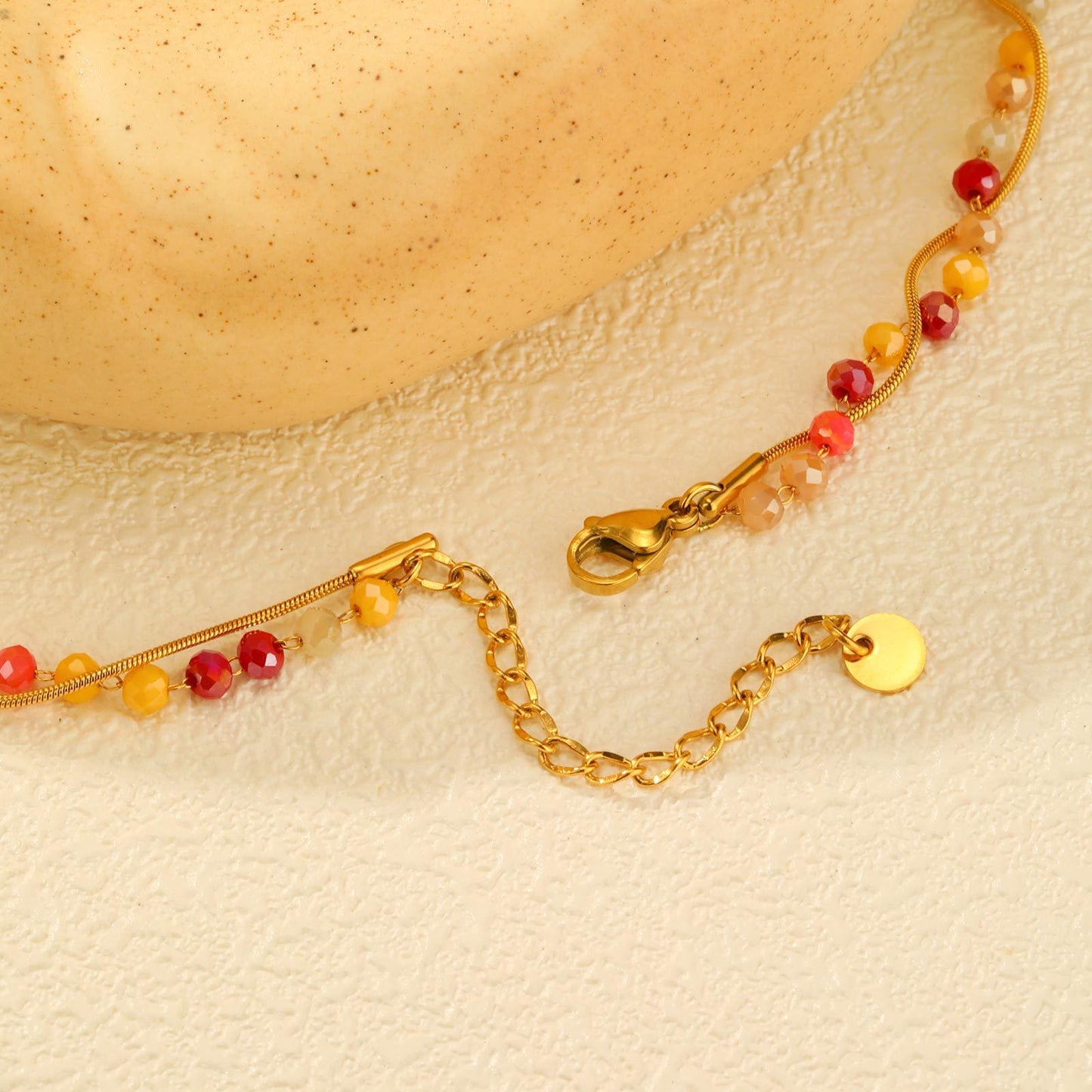 Stainless Steel Round Snake Chain Red & Yellow Mixed Color Glass Section Beaded Necklace