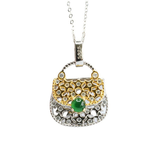 S925 Sterling Silver Jade Zircon Hollow Bag Necklace with Ice Emperor Green Jade