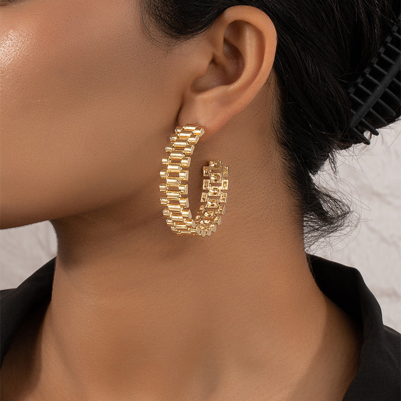 Dazzling Vienna Verve Metal C-Shaped Earrings with Watch Chain Accent