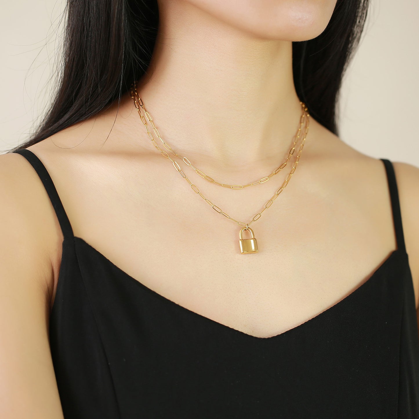 Stainless Steel Flat O-Chain Lock Head Pendant Necklace Gold