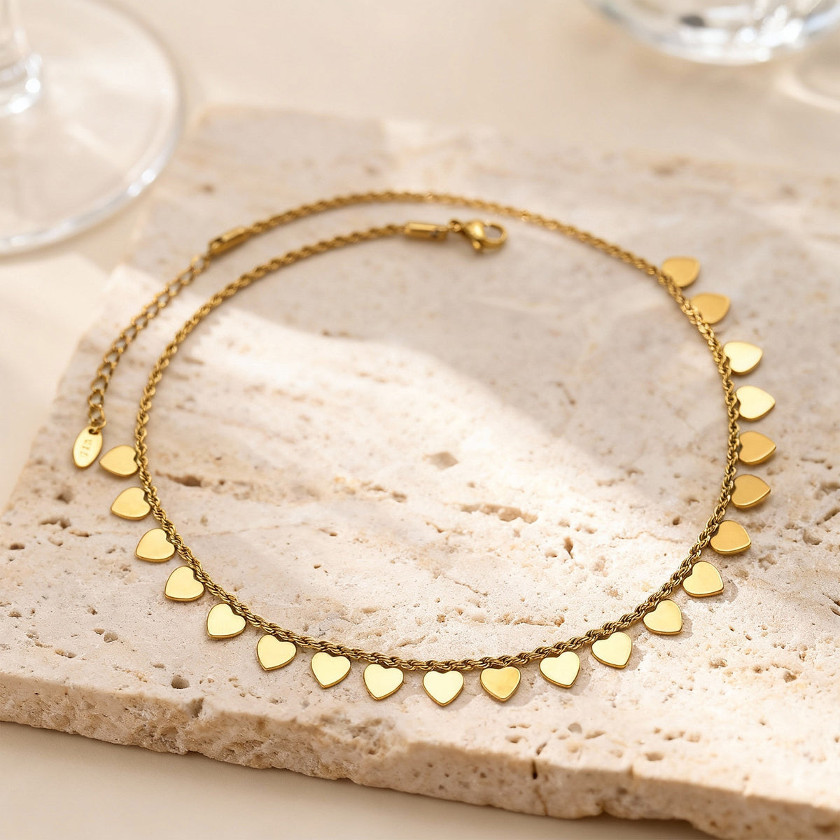 Stainless Steel Collarbone Chain – Gold Heart-Shaped Disc Button Chain – Twist Square Necklace