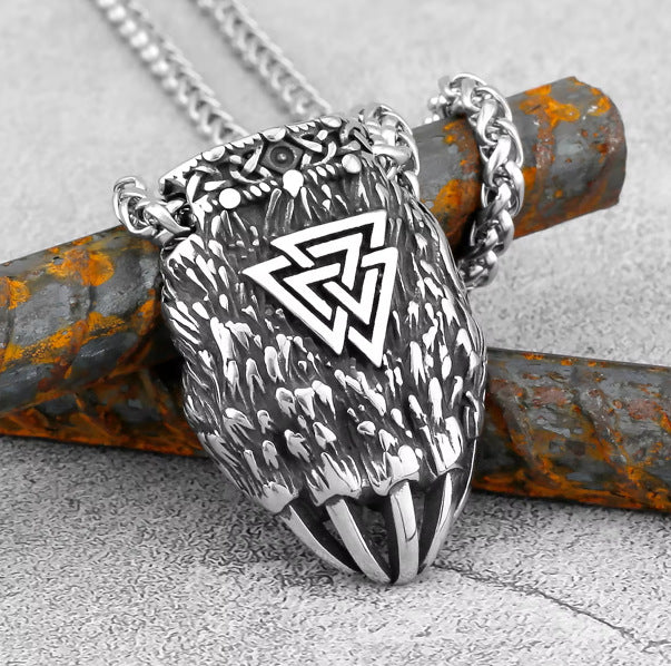 1. Planderful Stainless Steel Necklace With Retro Viking Triangle Logo Bear Claw Pendant For Men