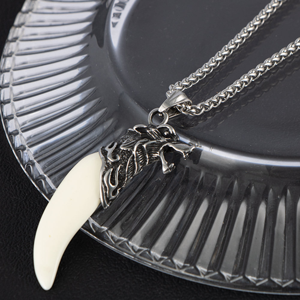 Titanium Steel Punk Wolf Tooth Men's Necklace with Resin Pendant - Ethnic Style Animal War Wolf Head Design