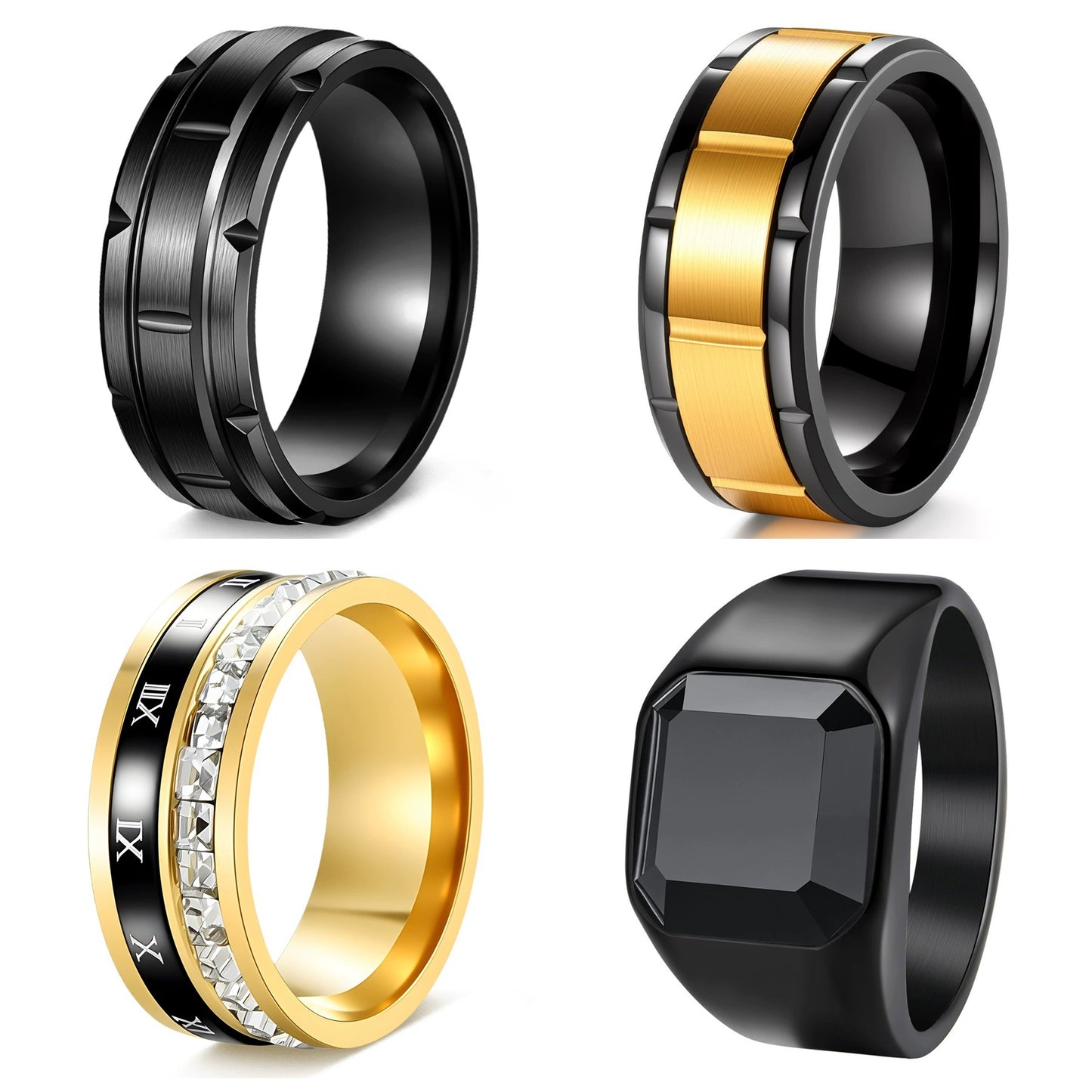 Planderful Everyday Genie Stainless Steel Gear Pattern Ring Versatile For Men And Unisex Zircon Inlaid Black Stone