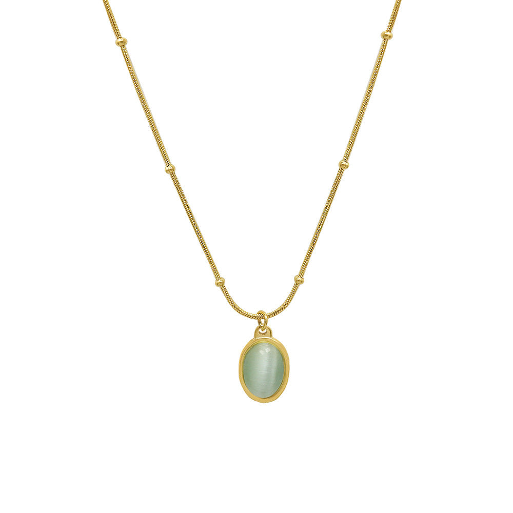 Luxurious 18k Gold Plated Chain Necklace with Cat's Eye Stone Pendant for Women